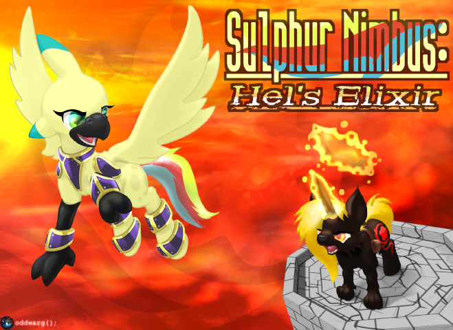 Box art for Sulphur Nimbus: Hel's Elixir. A Hippogriff is laughing at an angry dog on a red background.